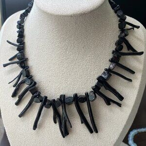 Black Coral Style Necklace 15” Branch Organic Beads Vintage